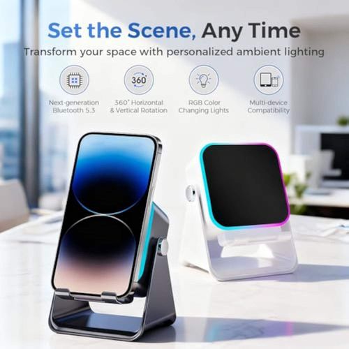 Rechargeable 5-in-1 wireless Bluetooth speaker with adjustable phone stand and multi-functional stereo speakers