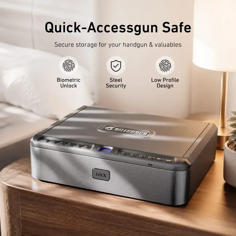 Biometric Gun Safe - Mute 4-Way Quick Access Steel Portable Home Security Safe with APP Control, Fingerprint, Password Lock, Key, Electronic Lock for Nightstand, Bedside Use, Biometric Safes