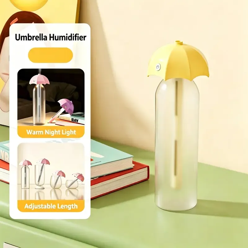 Portable Umbrella Humidifier, Adjustable Length Mini Mist Maker for Home Car Bedroom Mini USB Humidifier with Warm Night Light, Portable Umbrella Shape Water Bottle Humidifier
