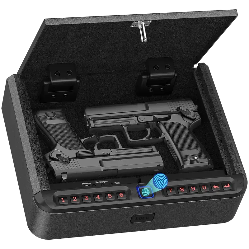 Biometric Gun Safe - Mute 4-Way Quick Access Steel Portable Home Security Safe with APP Control, Fingerprint, Password Lock, Key, Electronic Lock for Nightstand, Bedside Use, Biometric Safes