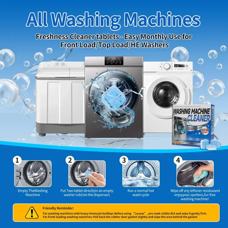 Enzyme Washing Machine Cleaner Tablets (12 Pack) – 2X Power Deep Clean Laundry Machine Cleaner Descaler for HE, Front Load & Top Load Washer, Removes Odor, Fur, Residue & Buildup (1-Year Supply)