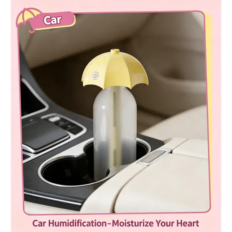 Portable Umbrella Humidifier, Adjustable Length Mini Mist Maker for Home Car Bedroom Mini USB Humidifier with Warm Night Light, Portable Umbrella Shape Water Bottle Humidifier