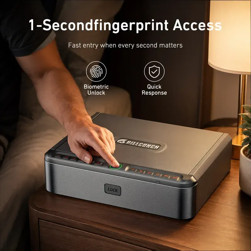 Biometric Gun Safe - Mute 4-Way Quick Access Steel Portable Home Security Safe with APP Control, Fingerprint, Password Lock, Key, Electronic Lock for Nightstand, Bedside Use, Biometric Safes