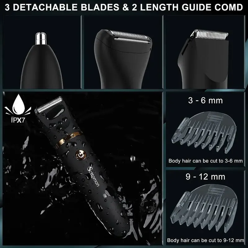 Rechargeable 3-in-1 Cordless Trimmer Machine - Motorized, Hypoallergenic, Nick-Proof Hair Trimmers & Clippers, Ergonomic Grooming Tool for Men's Face, Groin,