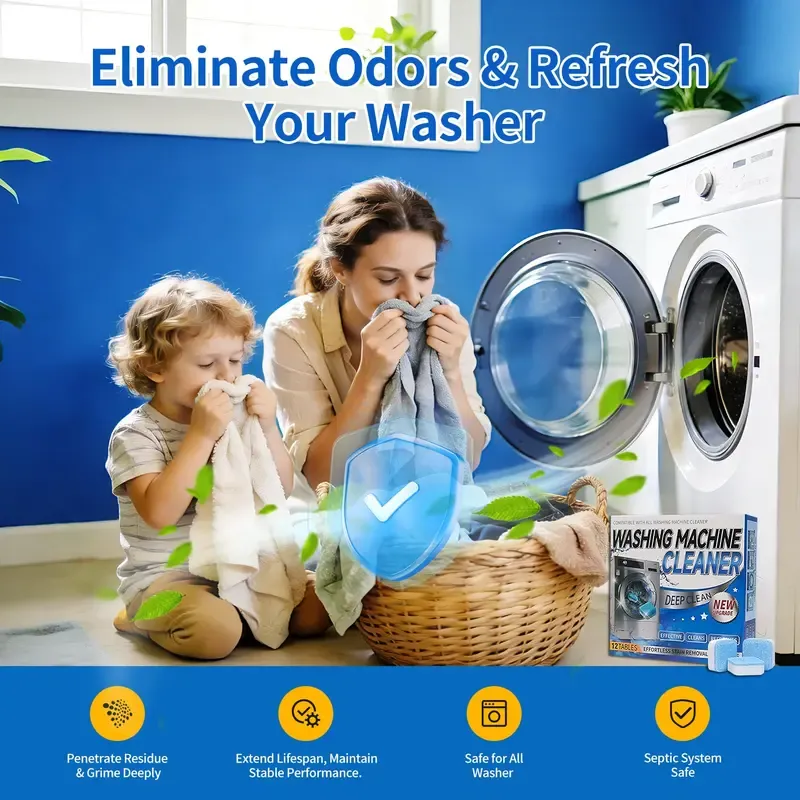 Enzyme Washing Machine Cleaner Tablets (12 Pack) – 2X Power Deep Clean Laundry Machine Cleaner Descaler for HE, Front Load & Top Load Washer, Removes Odor, Fur, Residue & Buildup (1-Year Supply)