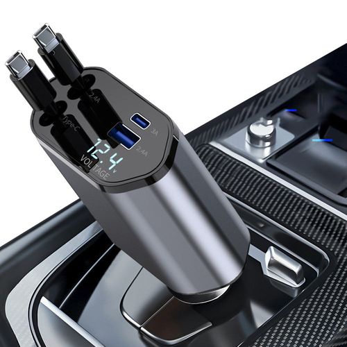 Fast Charger Car Phone Station Charger 4 in 1 LED Digital Display Retractable 2 Cables Type C portable car charger for IPhone 16
