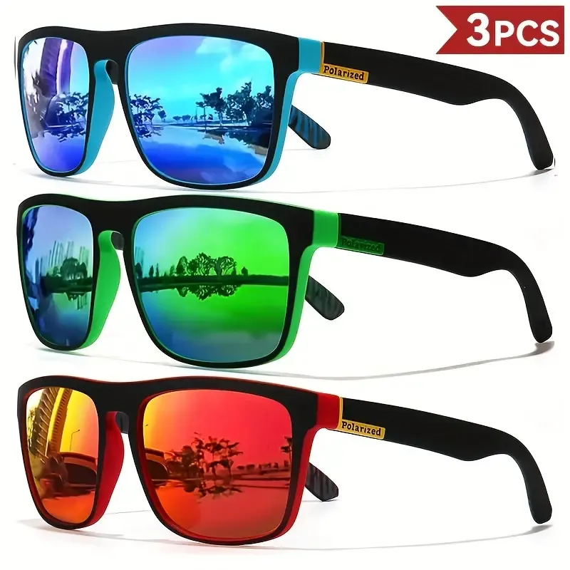 3-piece men's classic polarized fashion glasses - retro square design, colorful graffiti temple, durable PC frame and metal hinges - ideal for golf, hiking, traveling and fishing - including a cleaning cloth