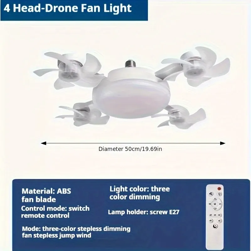 LED Smart ceiling fan Light -E27 E26 screw socket with remote control, adjustable brightness and 3-speed adjustment, suitable for bedrooms, living rooms, studies, kitchens and bathrooms - Modern design, suitable for all seasons (2-in-1 4-head fan light)