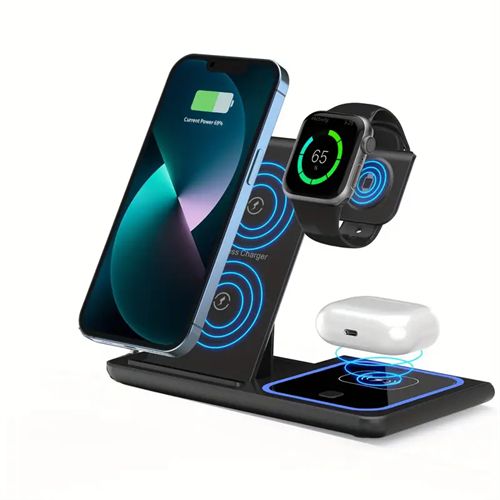 Foldable 3-in-1 wireless charging station, 15W fast wireless charger stand with ambient light, portable wireless charger base