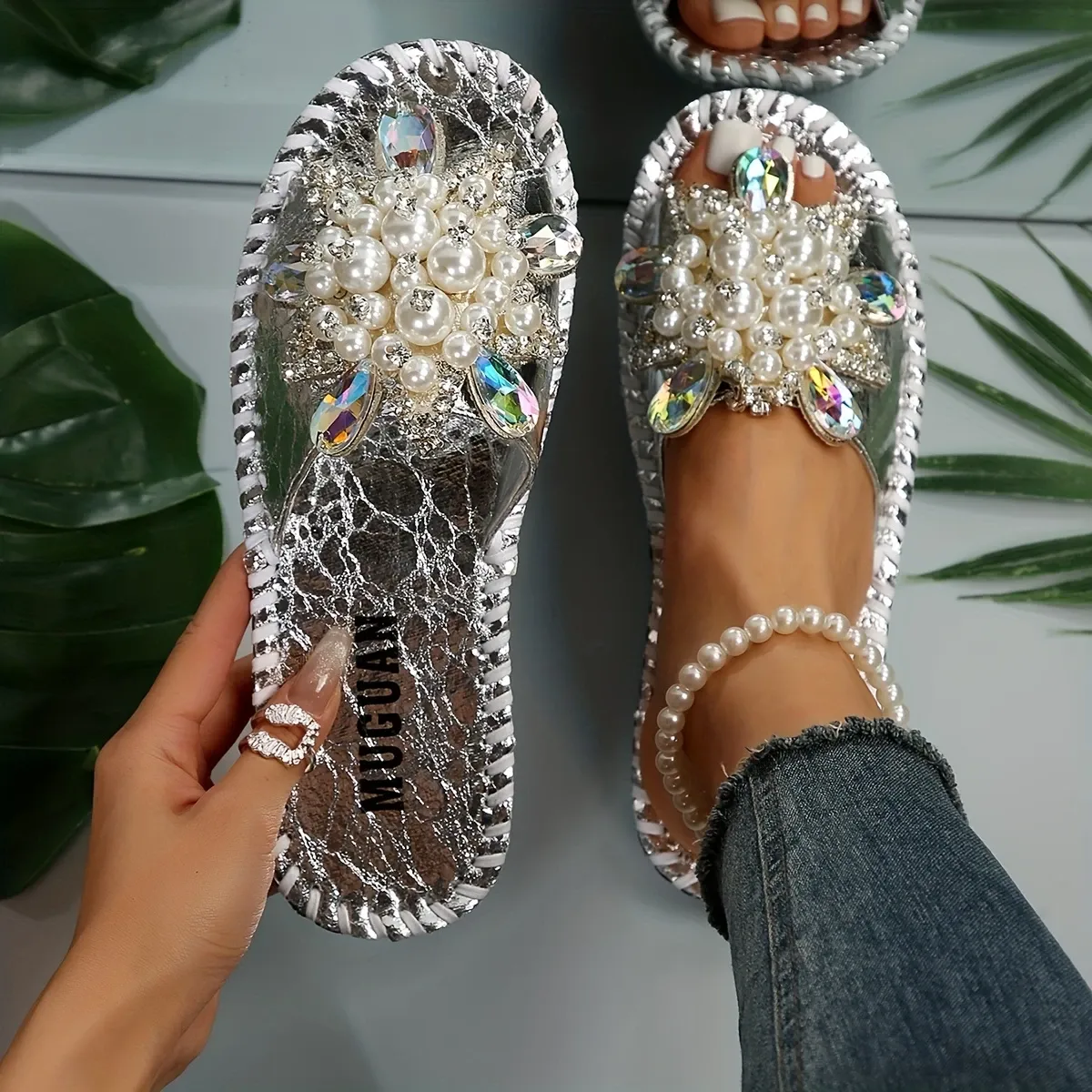 Hand-sewn flower, diamond and pearl slippers
