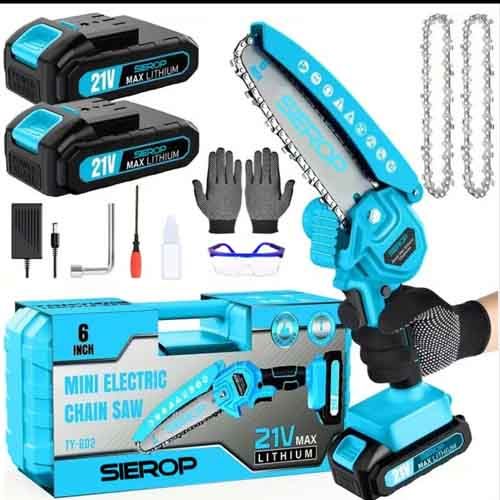 Wireless Mini Chain Saw - Lightweight portable electric tree cutter with splash guard, safety lock and rechargeable 3000mAh battery for quick pruning in garden, yard and home - includes accessories such as gloves, oil and cleaning brush, domestic branch cutting | toothed blade saw | Durable plastic body, tree cutting tool