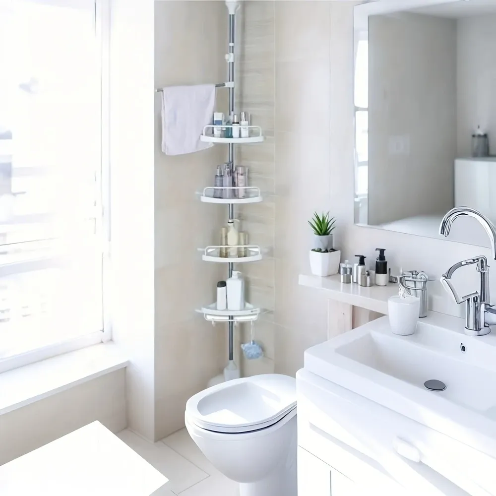 4-layer adjustable bathroom corner rack with rotating towel bar - wall-mounted anti-rust plastic floating rack without drilling, saving space for bathroom organization and storage