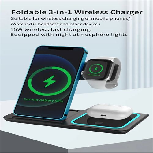 Foldable 3-in-1 wireless charging station, 15W fast wireless charger stand with ambient light, portable wireless charger base