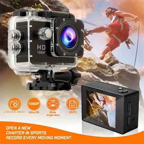 This is a 1080P HD action waterproof camera with ultra HD recording, 140° wide Angle lens, 2.0 inch LCD screen, designed for outdoor sports recording, with automatic exposure, digital stabilization, fisheye lens and other features, powered by battery or USB, save file format MP4.