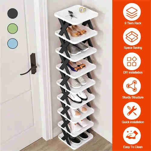 9 layer shoe rack for 9 pairs of shoes, space saving vertical shoe rack, high and narrow shoe rack for entryway, closet, hallway, bathroom, dormitory, plastic stackable shoe rack