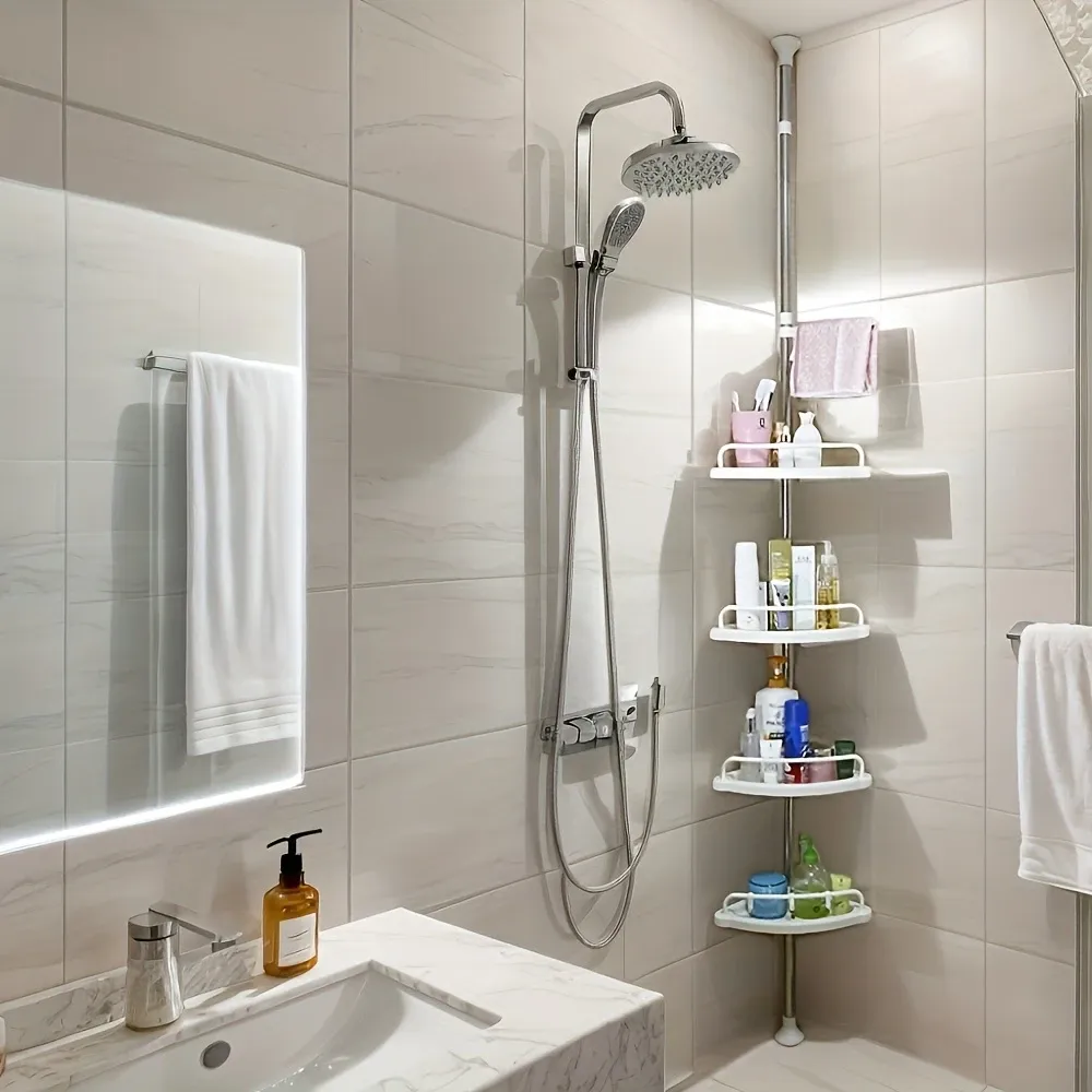 4-layer adjustable bathroom corner rack with rotating towel bar - wall-mounted anti-rust plastic floating rack without drilling, saving space for bathroom organization and storage
