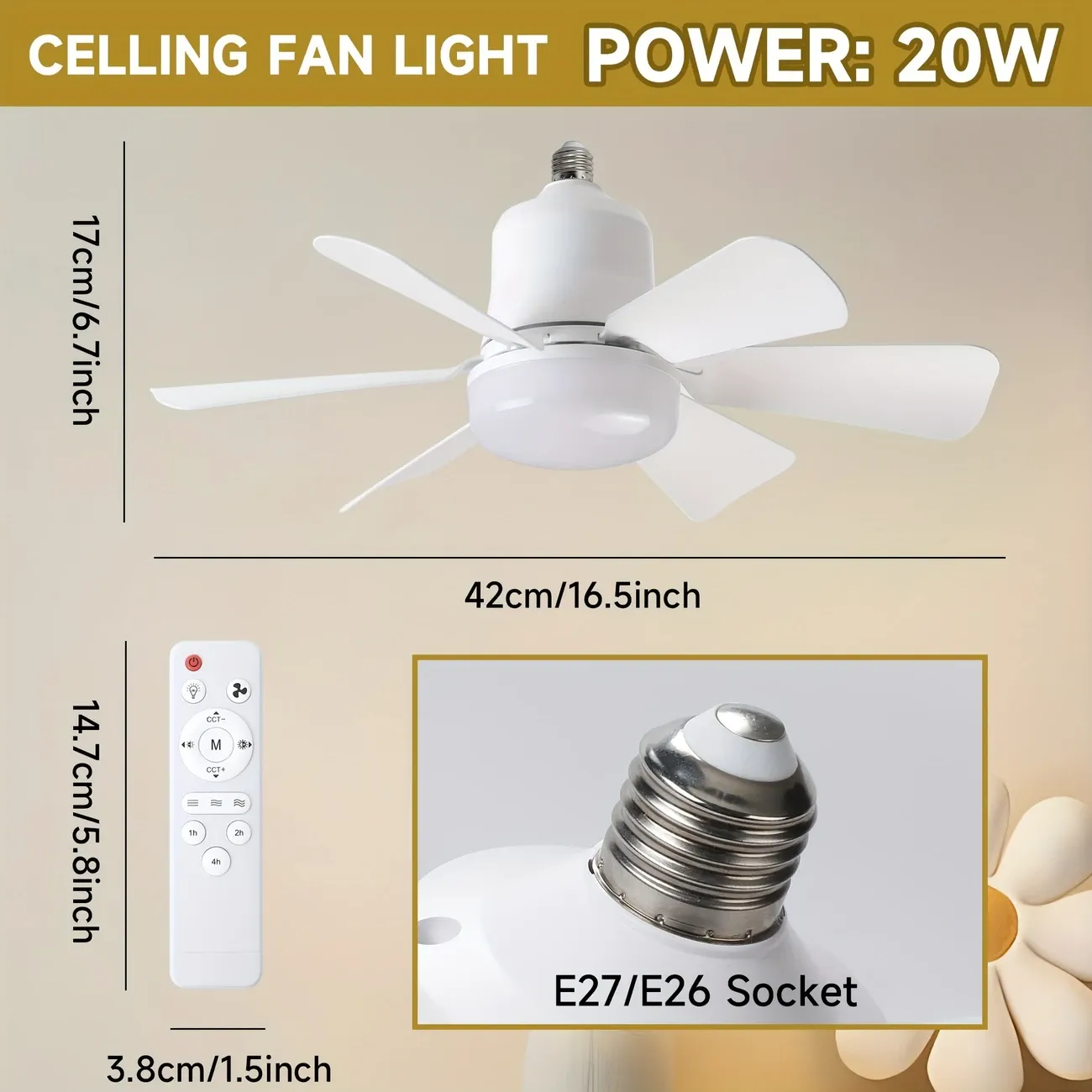 Socket fan light with remote control, screw ceiling-mounted fan, dimmable light, adjustable strong airflow quiet ceiling-mounted fan light kit bulb