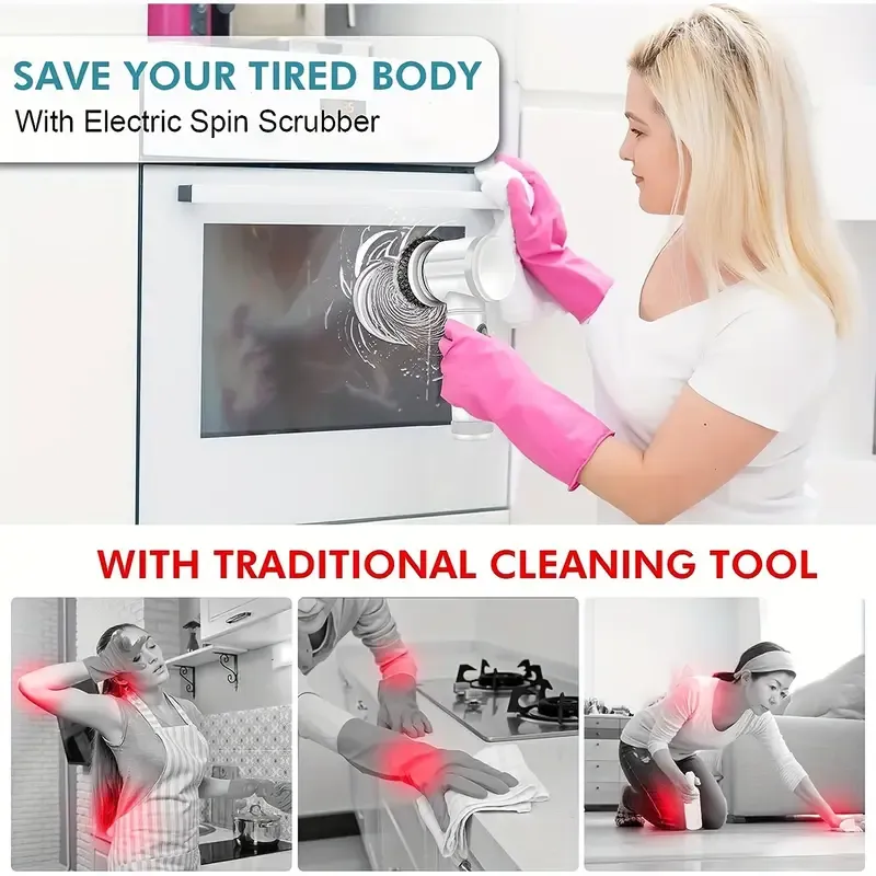 Five-in-one multi-functional electric rotating cleaning brush, electric cleaning device, equipped with 5 replaceable brush heads, handheld and powerful cleaning tool for bathtubs, floors, walls, tiles, Windows and sinks. Convenient to use