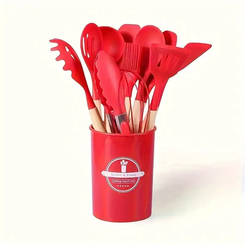 Silicone kitchenware set with wooden handles - 12 cooking and baking tools including non-stick spatulas, spoons, blenders and storage racks - suitable for Christmas, Halloween and Easter