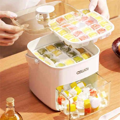 Ice maker, large capacity double design refrigerator with easy lid, food grade plastic storage tray for refrigerator - ideal for drinks and coffee, parties, outdoor activities, essential kitchen tools