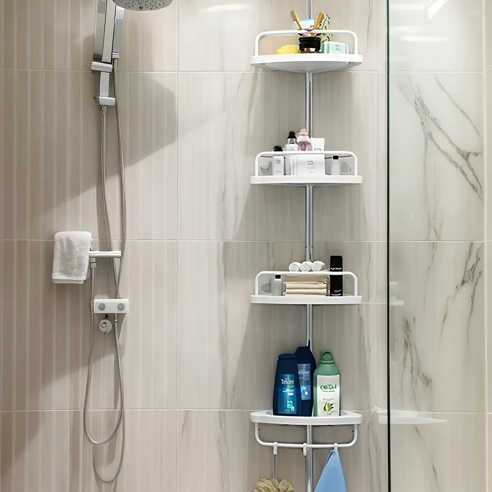 4-layer adjustable bathroom corner rack with rotating towel bar - wall-mounted anti-rust plastic floating rack without drilling, saving space for bathroom organization and storage