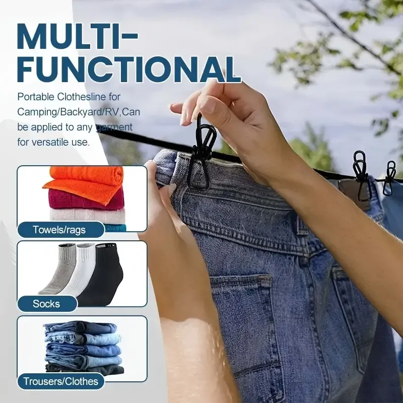 1pc retractable portable travel clothes drying rope, clothes line with 12 clothes clips, indoor clothes drying line, outdoor camping accessories