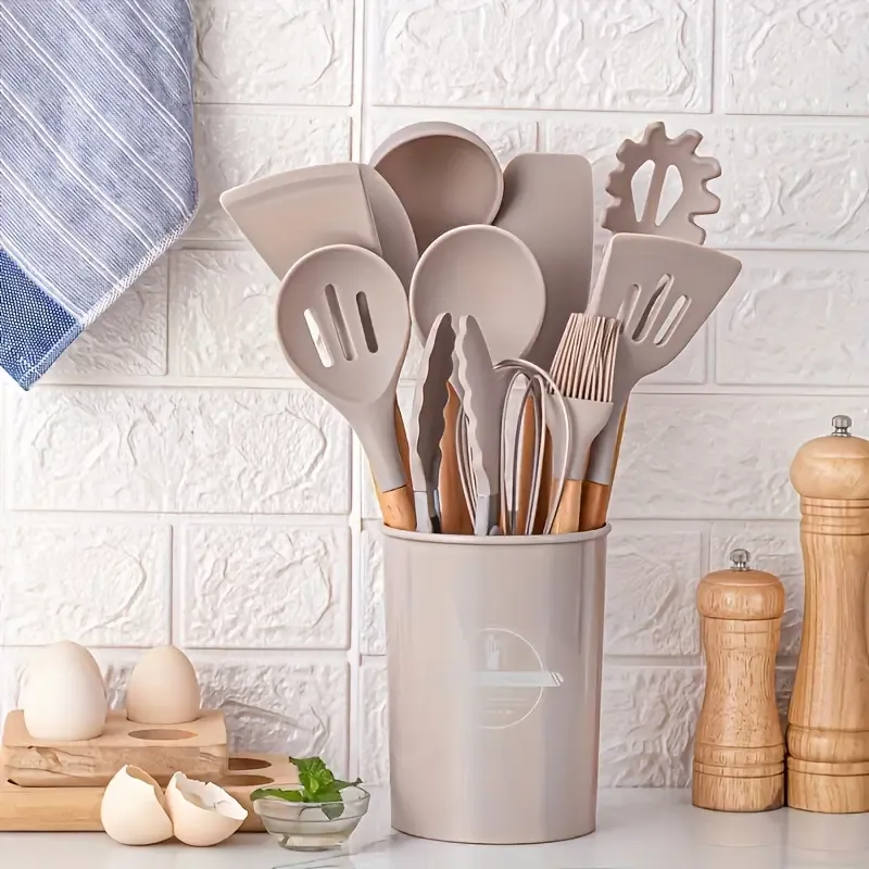 Silicone kitchenware set with wooden handles - 12 cooking and baking tools including non-stick spatulas, spoons, blenders and storage racks - suitable for Christmas, Halloween and Easter