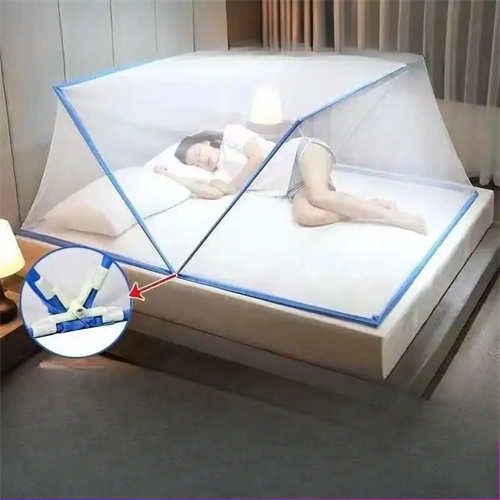 Blue folding mosquito net - thickened insect-proof, no installation, polyester mesh, portable mosquito net for home bedroom, compact design, durable mosquito repellent