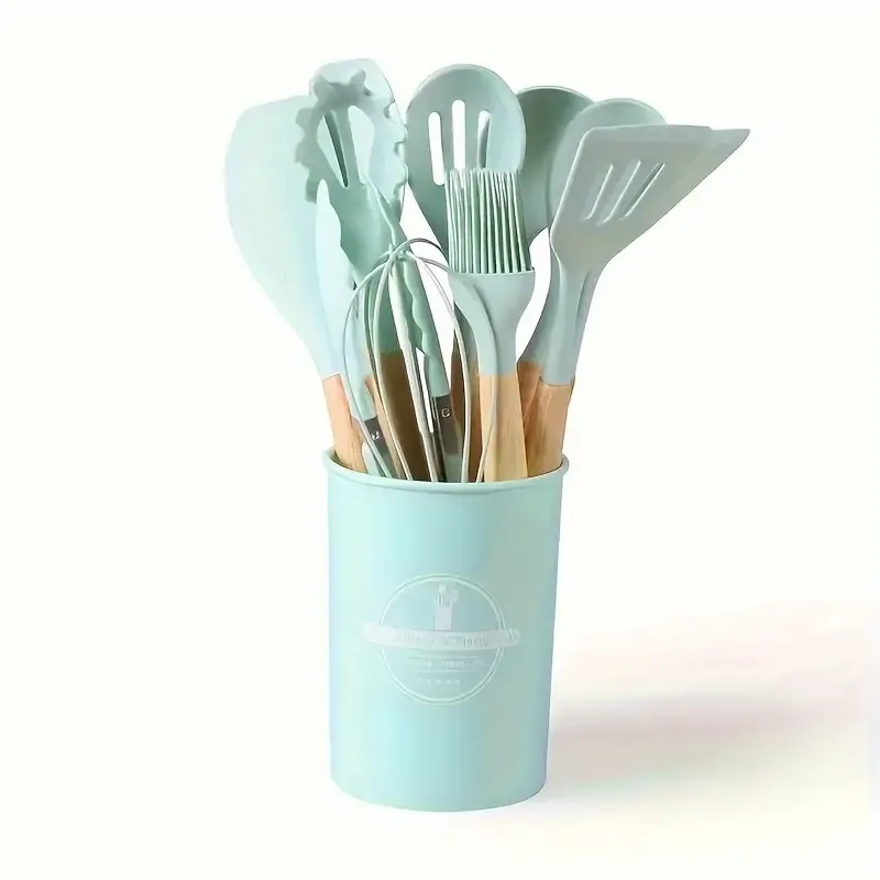 Silicone kitchenware set with wooden handles - 12 cooking and baking tools including non-stick spatulas, spoons, blenders and storage racks - suitable for Christmas, Halloween and Easter