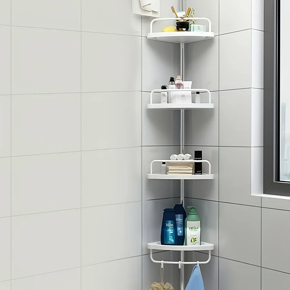 4-layer adjustable bathroom corner rack with rotating towel bar - wall-mounted anti-rust plastic floating rack without drilling, saving space for bathroom organization and storage
