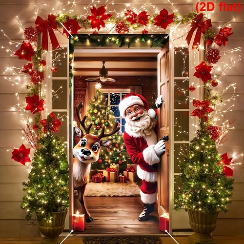 2D Flat, 2D Door Banner, 2D Flat, 2D Door Banner, 2D Flat Door Banner, 1pc, Merry Christmas Door Banner, Santa Claus Elk Design Hanging Door Cover, Winter Holiday Hanging Background Vertical Flag, for Home & Outdoor, Christmas & New Year Festive Wall