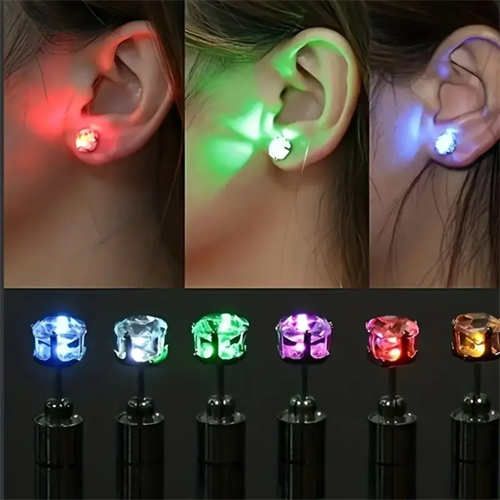 Bright and stylish Glowing earrings, LED shimmering color-changing earrings - unisex fashion party accessories with natural stainless steel studs, stylish party accessories