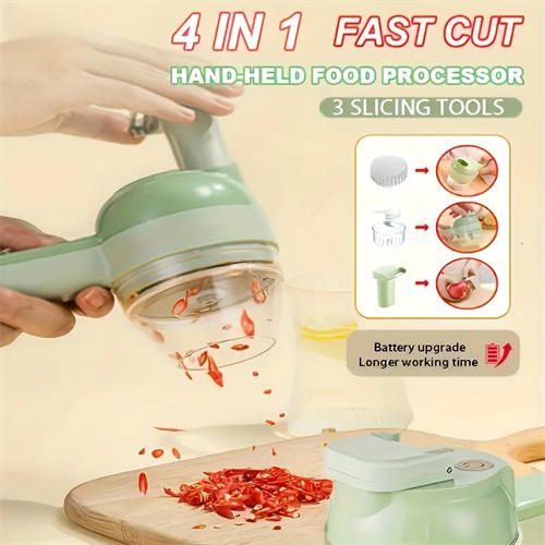 4-in-1 multi-function electric food processor with rechargeable 1200mAh lithium battery, USB dual charging, cleaning, stainless steel blade, wireless portable meat mincer and vegetable cutter