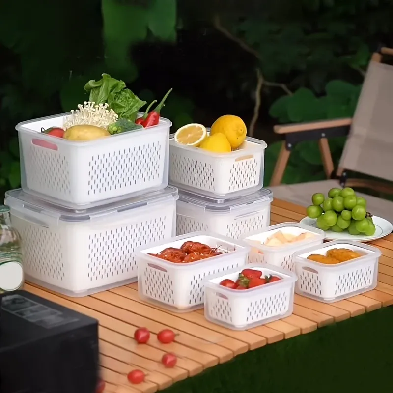 3 LIDS + 3 baskets + 3 boxes. Refrigerator storage box with lid - Stackable refrigerator storage box with drain tray, for fruits, vegetables and dry goods - multi-functional kitchen organizing system suitable for camping and dining