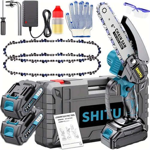 Wireless Mini Chain Saw - Lightweight portable electric tree cutter with splash guard, safety lock and rechargeable 3000mAh battery for quick pruning in garden, yard and home - includes accessories such as gloves, oil and cleaning brush, domestic branch cutting | toothed blade saw | Durable plastic body, tree cutting tool