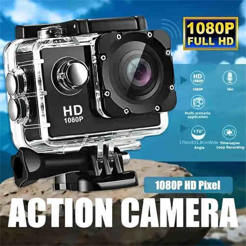 This is a 1080P HD action waterproof camera with ultra HD recording, 140° wide Angle lens, 2.0 inch LCD screen, designed for outdoor sports recording, with automatic exposure, digital stabilization, fisheye lens and other features, powered by battery or USB, save file format MP4.