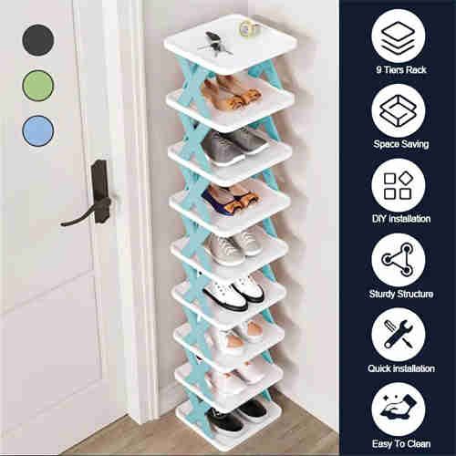 9 layer shoe rack for 9 pairs of shoes, space saving vertical shoe rack, high and narrow shoe rack for entryway, closet, hallway, bathroom, dormitory, plastic stackable shoe rack