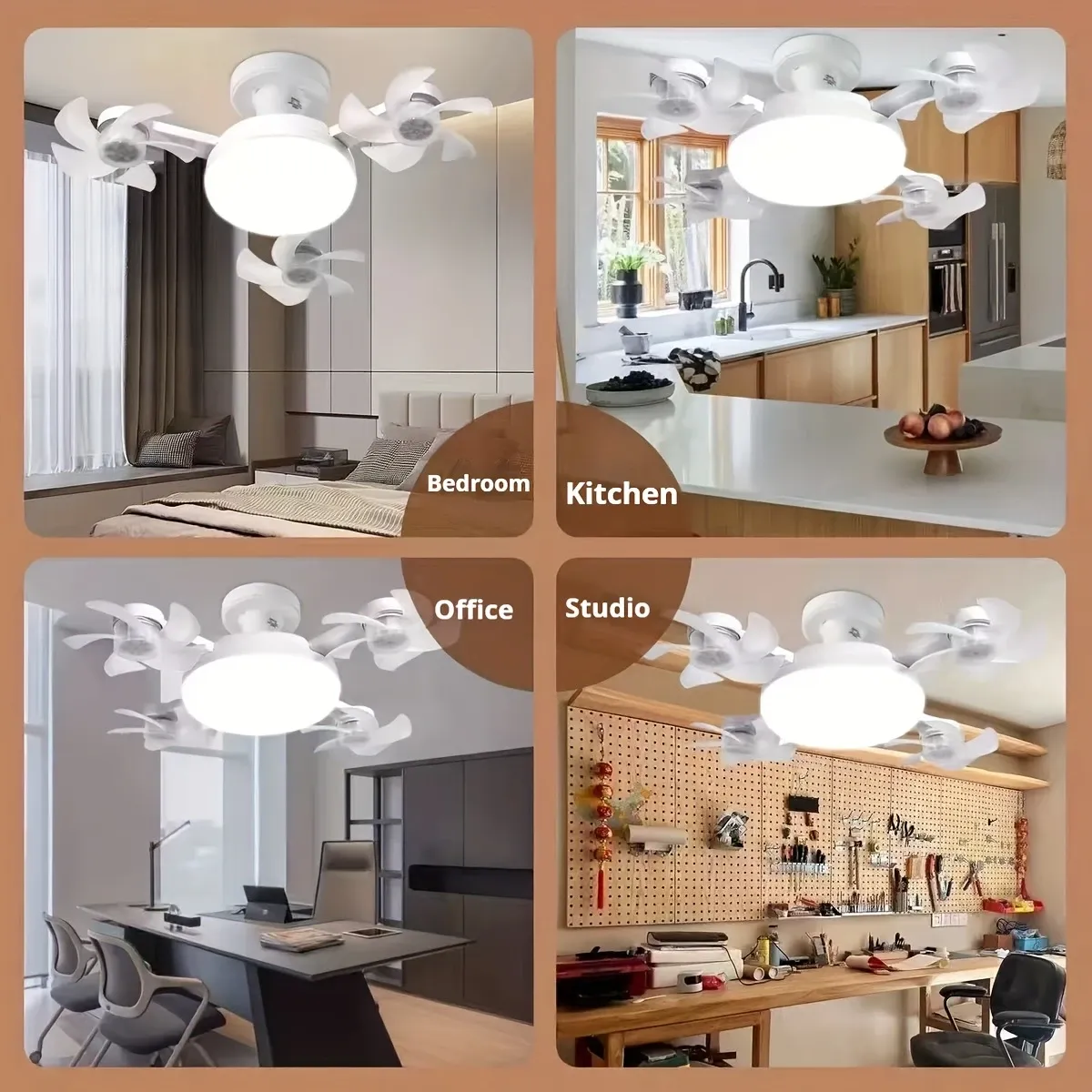 LED Smart ceiling fan Light -E27 E26 screw socket with remote control, adjustable brightness and 3-speed adjustment, suitable for bedrooms, living rooms, studies, kitchens and bathrooms - Modern design, suitable for all seasons (2-in-1 4-head fan light)