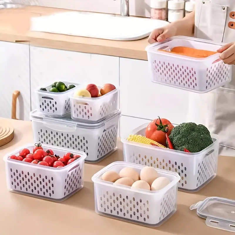 3 LIDS + 3 baskets + 3 boxes. Refrigerator storage box with lid - Stackable refrigerator storage box with drain tray, for fruits, vegetables and dry goods - multi-functional kitchen organizing system suitable for camping and dining