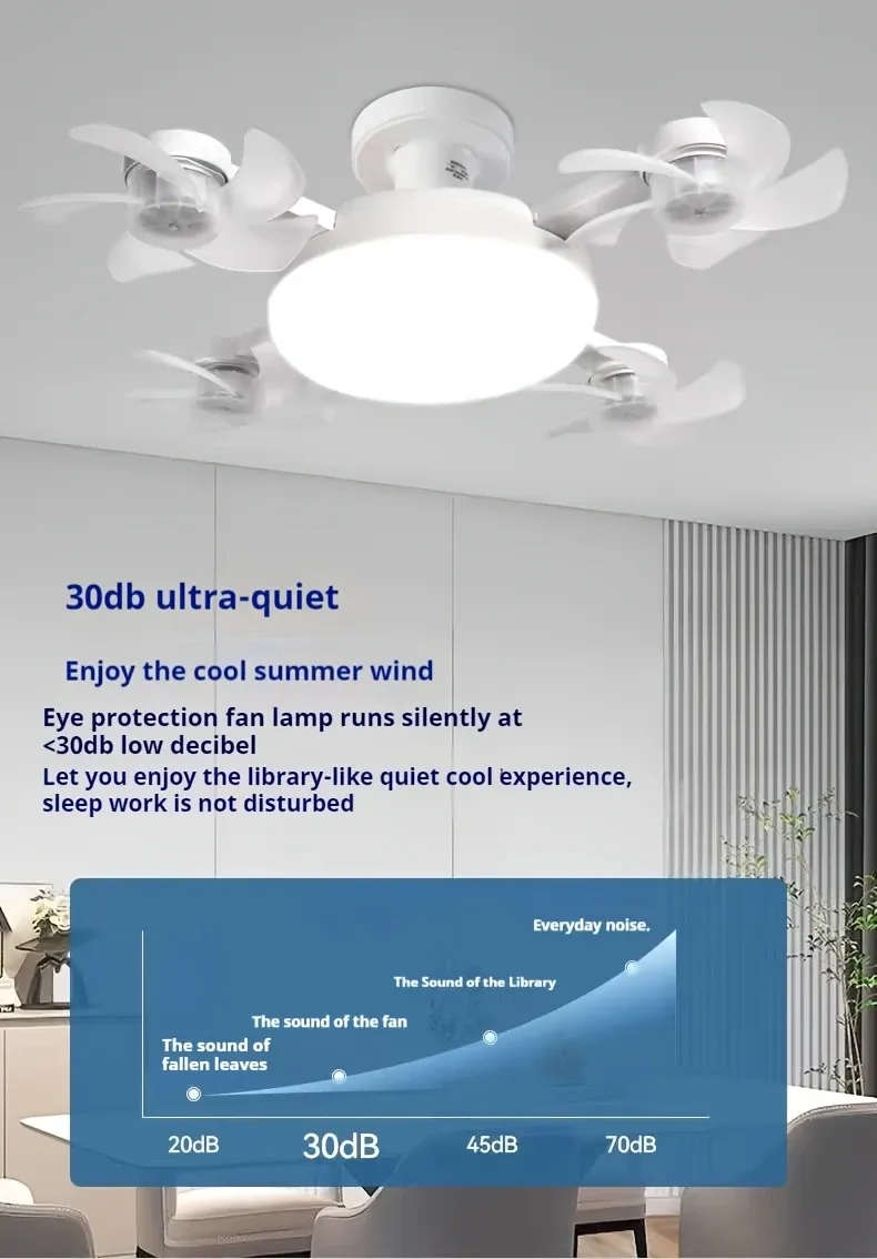 LED Smart ceiling fan Light -E27 E26 screw socket with remote control, adjustable brightness and 3-speed adjustment, suitable for bedrooms, living rooms, studies, kitchens and bathrooms - Modern design, suitable for all seasons (2-in-1 4-head fan light)