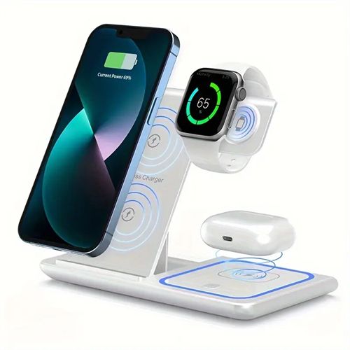 Foldable 3-in-1 wireless charging station, 15W fast wireless charger stand with ambient light, portable wireless charger base