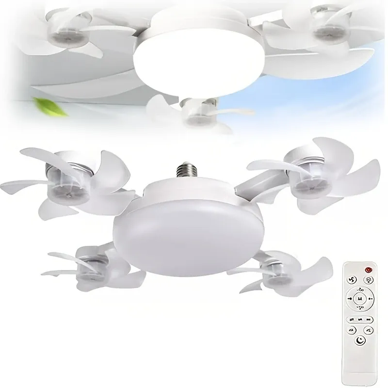 LED Smart ceiling fan Light -E27 E26 screw socket with remote control, adjustable brightness and 3-speed adjustment, suitable for bedrooms, living rooms, studies, kitchens and bathrooms - Modern design, suitable for all seasons (2-in-1 4-head fan light)