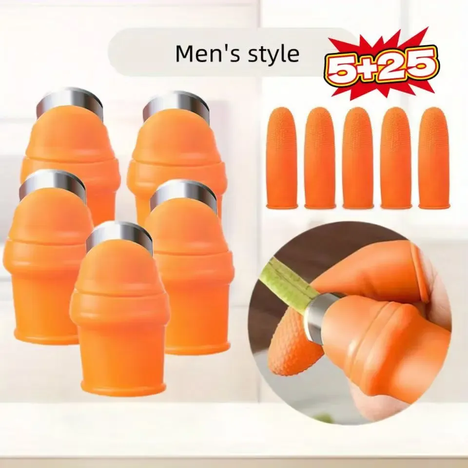 30-piece set of garden silicone thumb knives - including 5 ergonomic orange thumb knives with textured grips and 25 finger cots, perfect for fruit picking and plant pruning