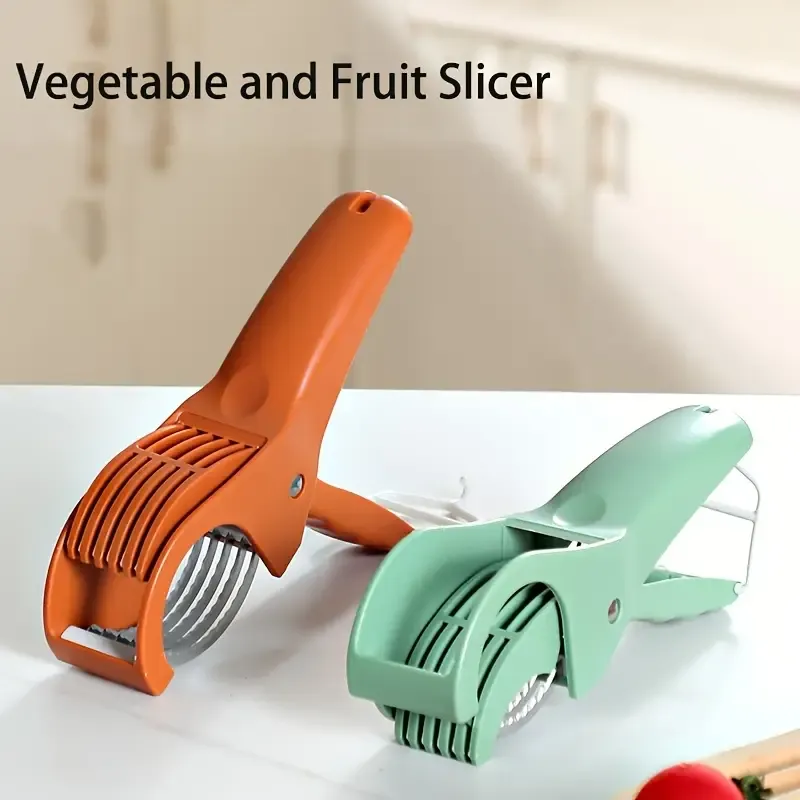 Manual multi-functional fruit and vegetable slicer with stainless steel blades - ergonomic handle for evenly slicing, dicing and shredding cucumbers, carrots, sweet peppers, tomatoes, apples, potatoes - a compact kitchen tool for salad preparation and fruit slicing