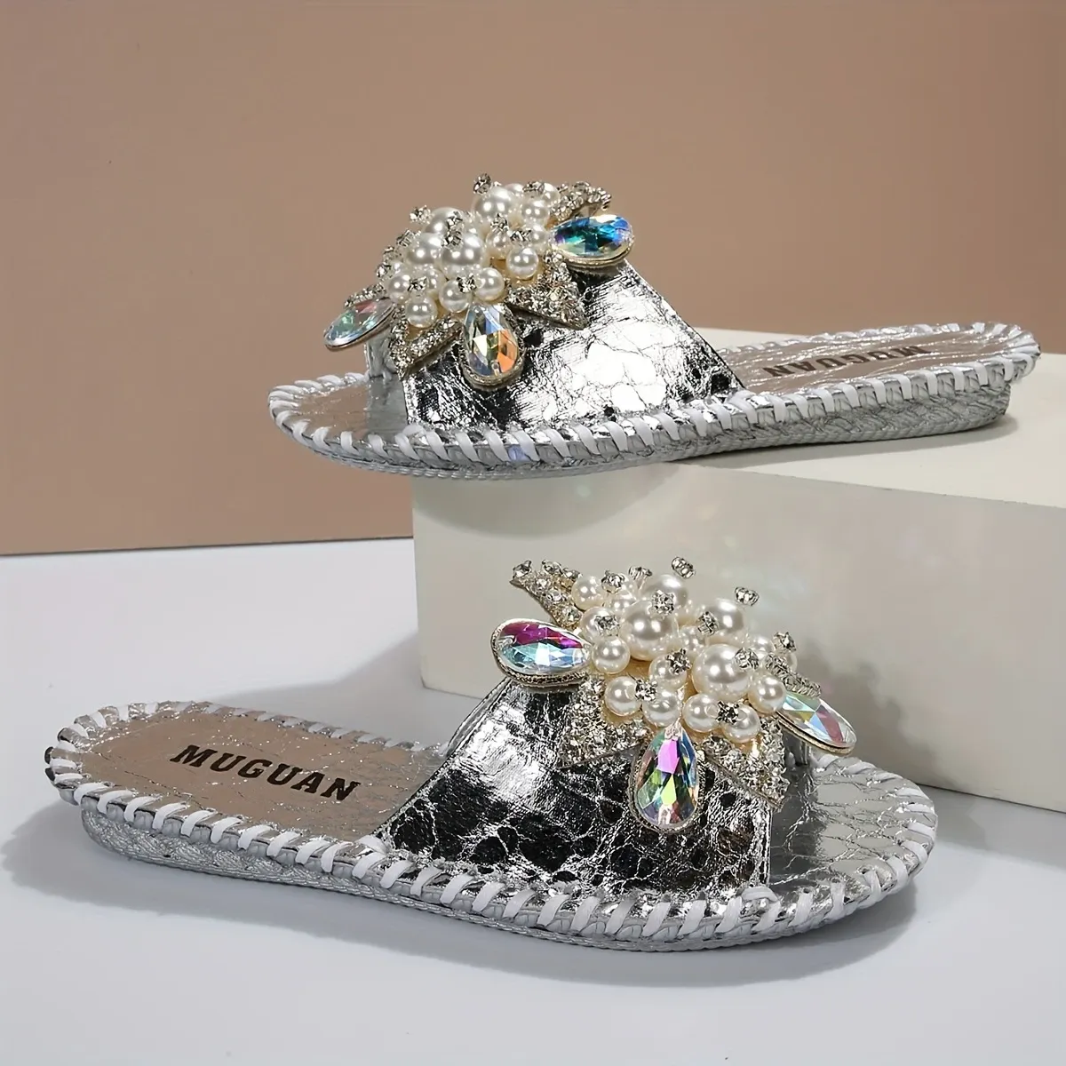 Hand-sewn flower, diamond and pearl slippers