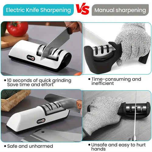 USB rechargeable Electric Knife Sharpener - 2-level speed adjustment for chef and kitchen knives, compatible with ceramic and steel blades