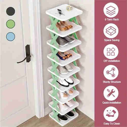 9 layer shoe rack for 9 pairs of shoes, space saving vertical shoe rack, high and narrow shoe rack for entryway, closet, hallway, bathroom, dormitory, plastic stackable shoe rack