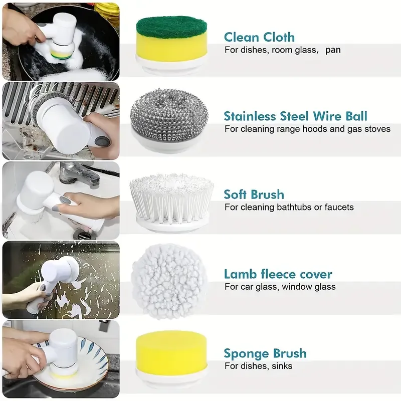 Five-in-one multi-functional electric rotating cleaning brush, electric cleaning device, equipped with 5 replaceable brush heads, handheld and powerful cleaning tool for bathtubs, floors, walls, tiles, Windows and sinks. Convenient to use