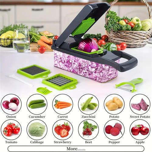 16 in 1 manual vegetable chopper set with 8 blades, container, grater and filter for easy meal preparation, professional onion, carrot and garlic slicer, kitchen supplies