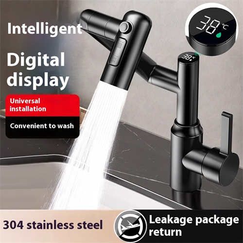 Stainless steel faucet washbasin bathroom multi-functional mechanical arm cold and hot water digital display with universal rotation